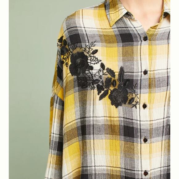 Anthropologie Maeve Floral Embroidered Yellow Plaid Longline Flannel Tunic XS - Picture 12 of 12